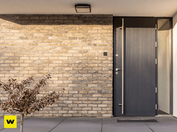 Moderne Haustür aus dunklem Aluminium neben heller Klinkerfassade mit Pflanze im Vordergrund.