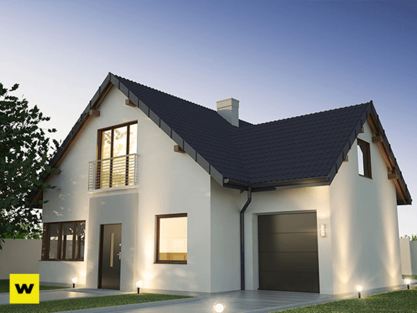 Modernes Einfamilienhaus mit Garage und Garten bei Sonnenuntergang, Neubau Immobilie